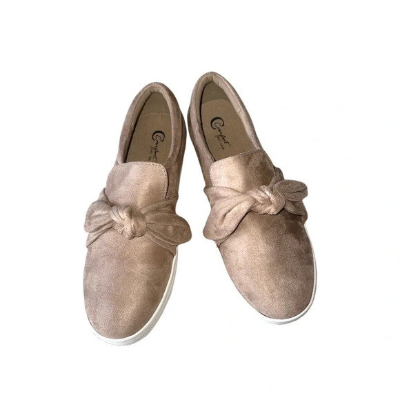 Comfort Atmosphere Taupe Pink Bow Suede Slip-on Sneakers 7.5 Women’s - Picture 1 of 11